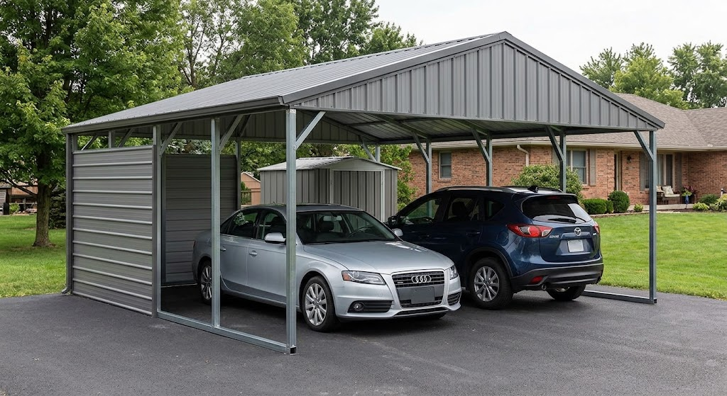 Gray A-frame steel carport with enclosed side panels and two vehicles parked underneath — a Forge Steel job