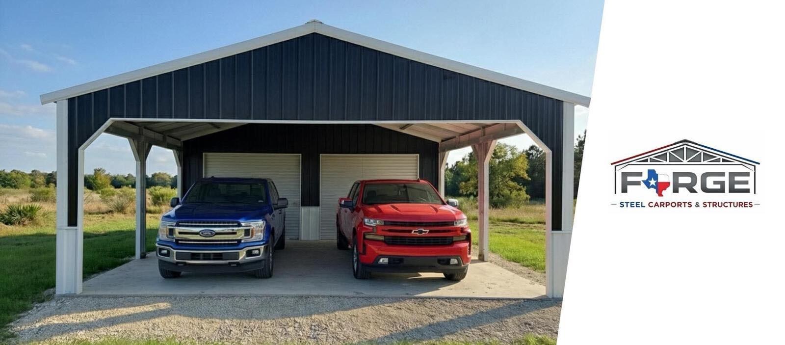 Forge Steel Carports & Structures — two-car steel carport with enclosed storage and the Forge logo