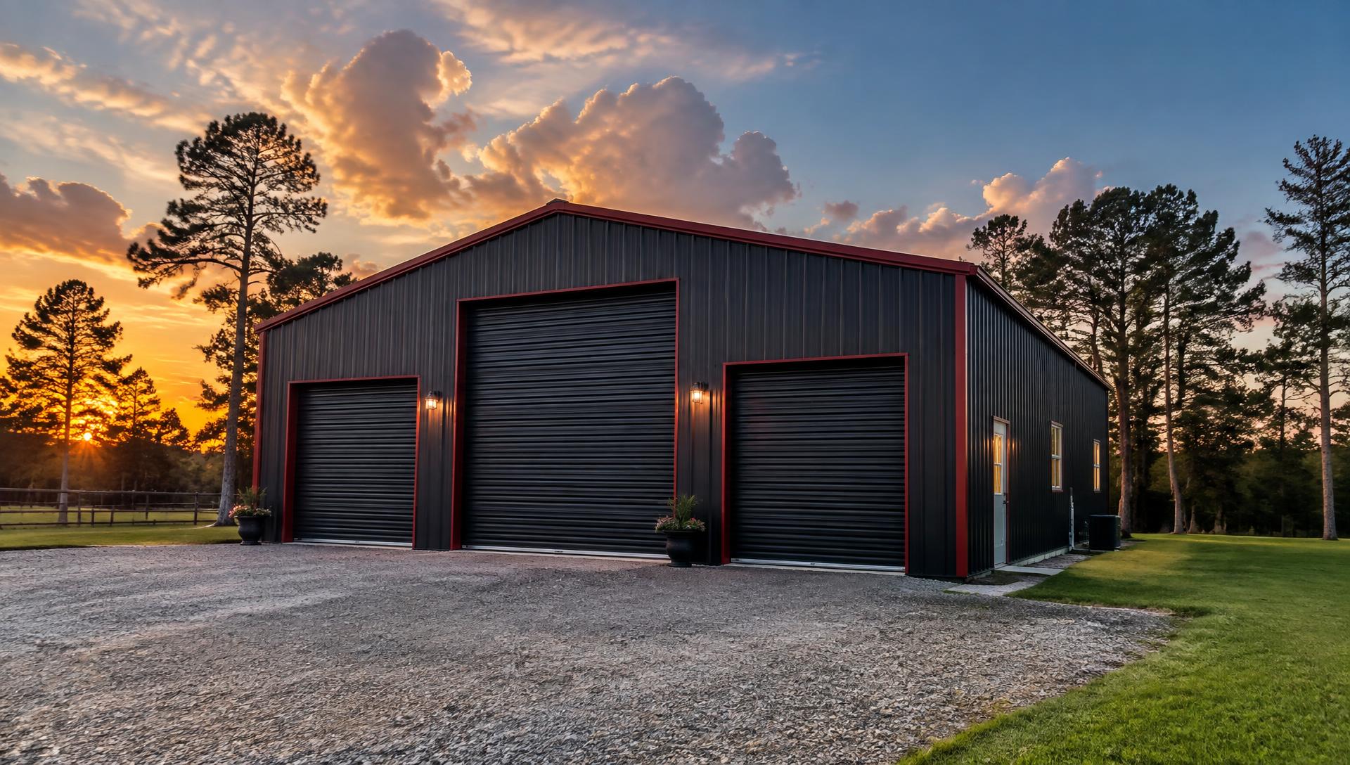 Dark charcoal steel garage with red trim on a Texas property at sunset